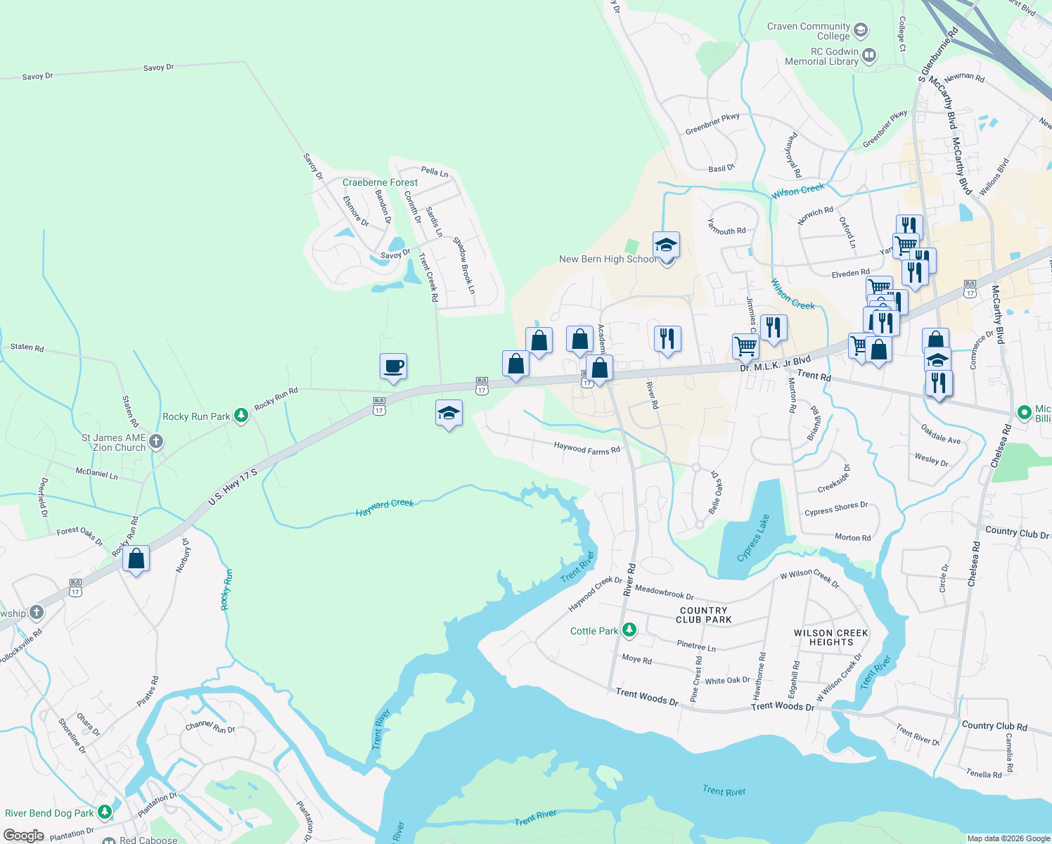 map of restaurants, bars, coffee shops, grocery stores, and more near 903 Crabtree Cir in New Bern