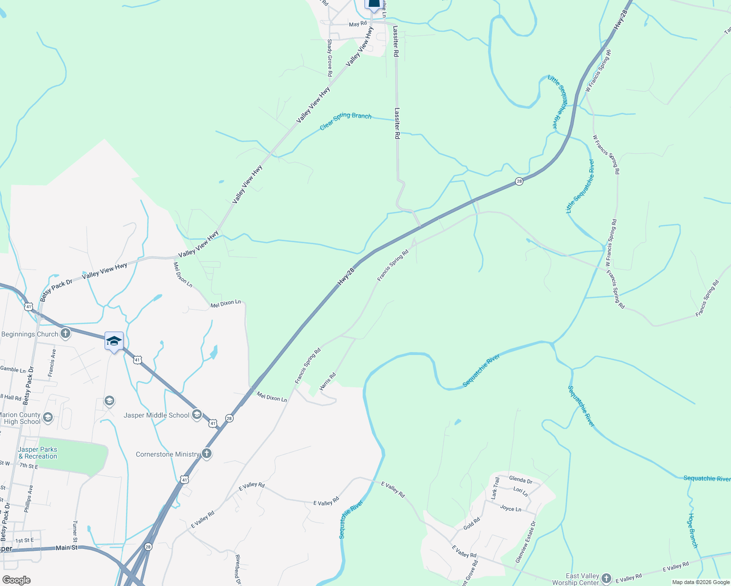 map of restaurants, bars, coffee shops, grocery stores, and more near 1350 Francis Spring Road in Jasper