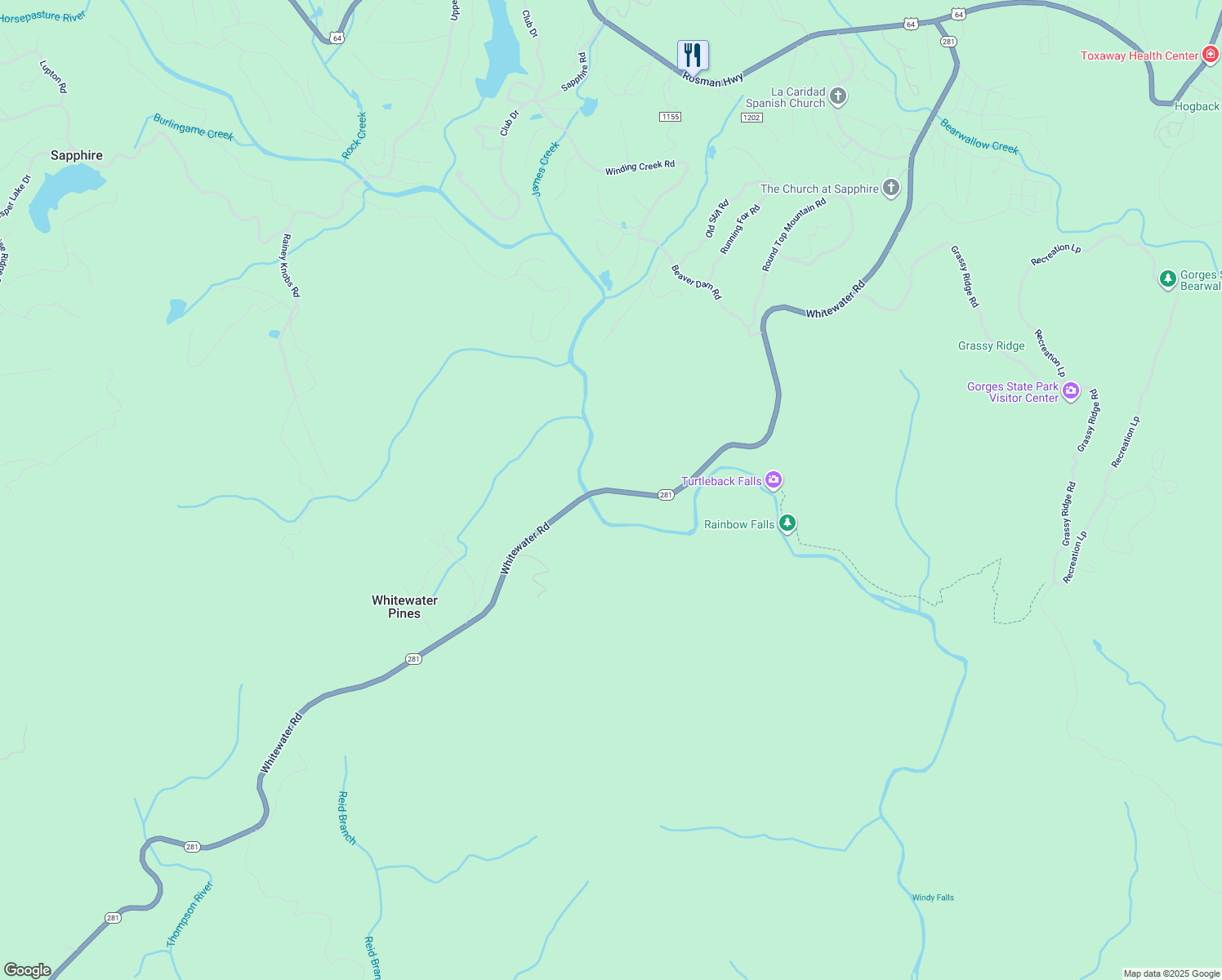 map of restaurants, bars, coffee shops, grocery stores, and more near North Carolina 281 in Sapphire