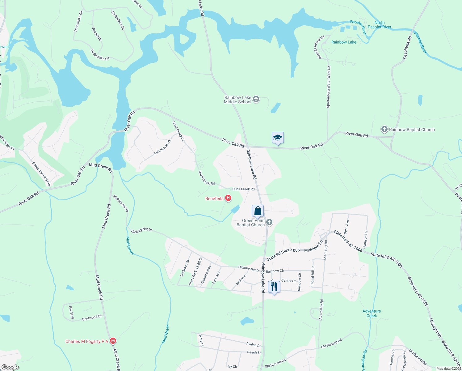 map of restaurants, bars, coffee shops, grocery stores, and more near 521 Quail Creek Road in Inman