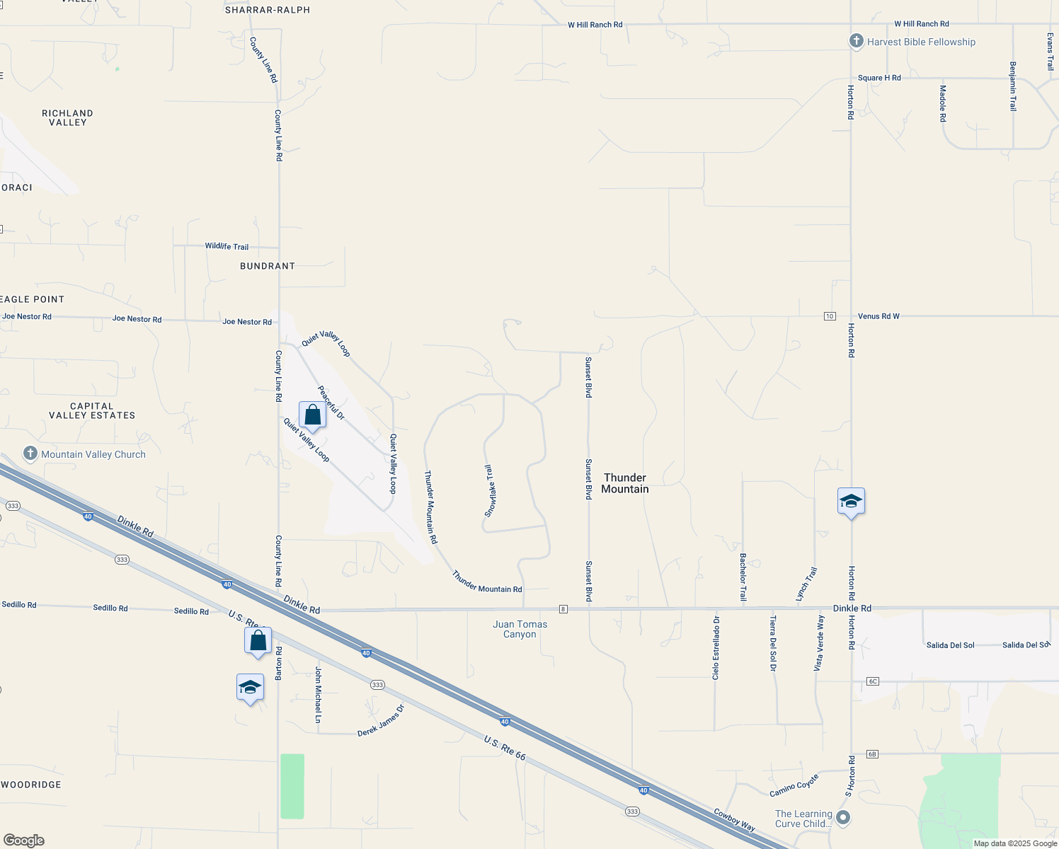 map of restaurants, bars, coffee shops, grocery stores, and more near 77 Thunder Mountain Road in Edgewood