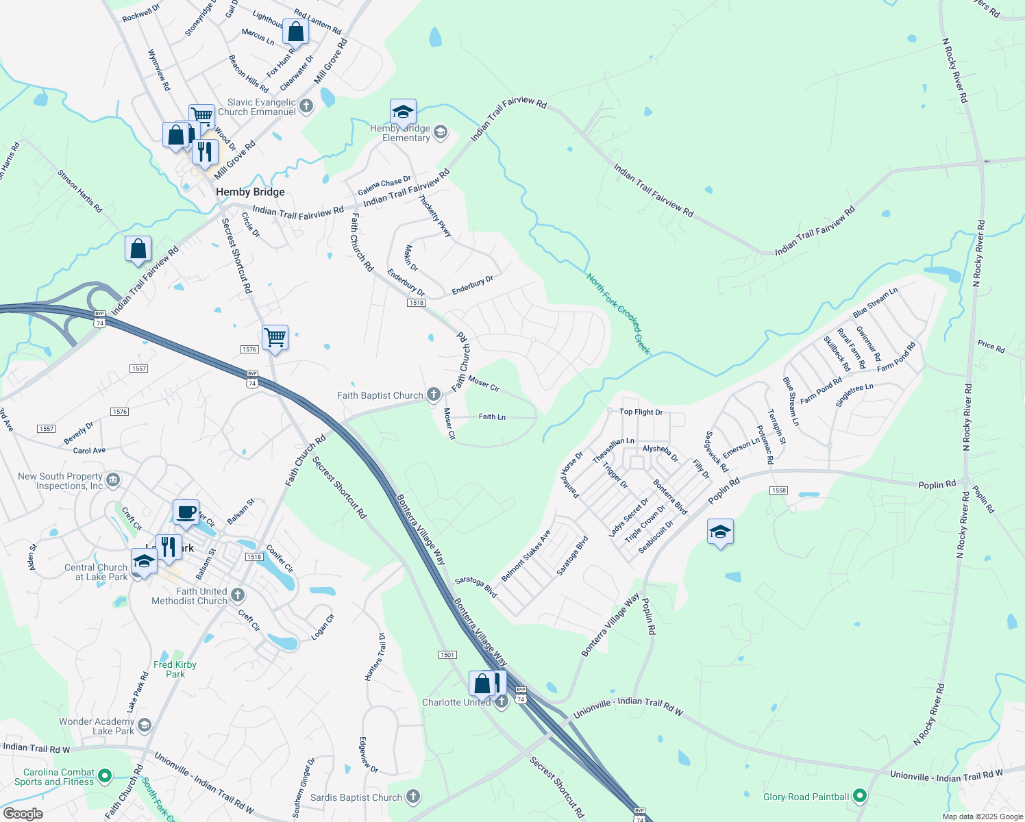 map of restaurants, bars, coffee shops, grocery stores, and more near 2714 Faith Lane in Indian Trail