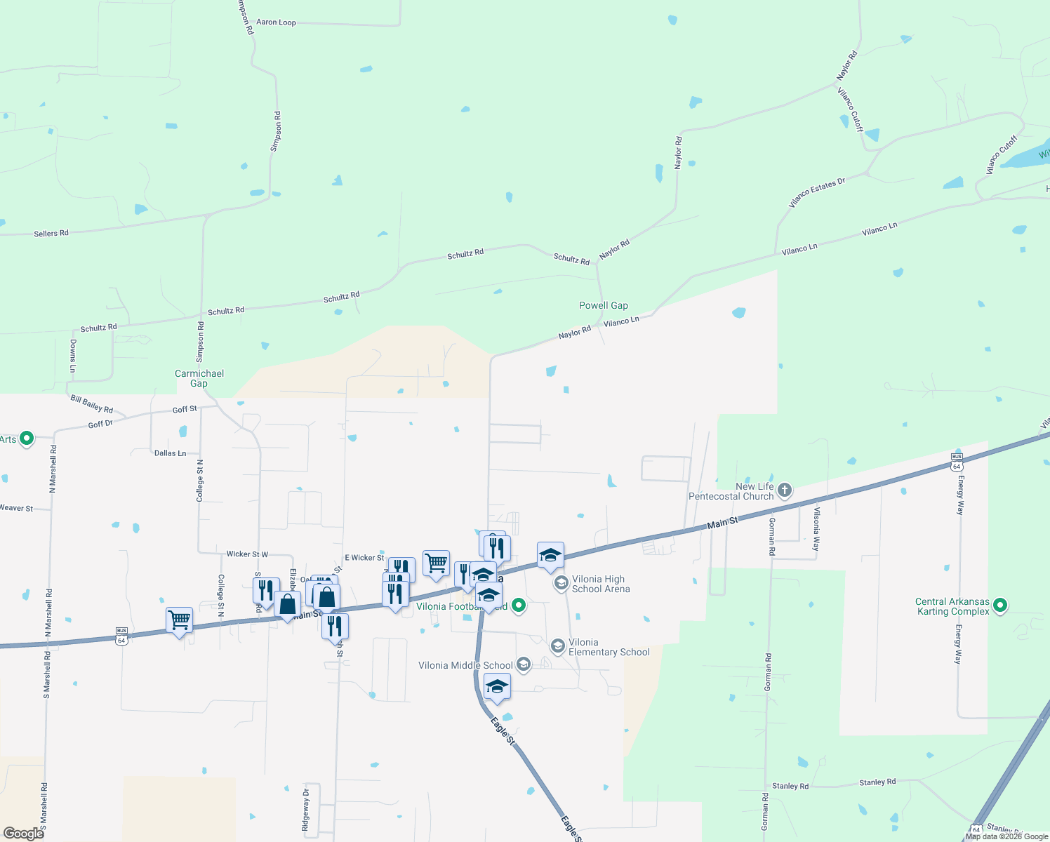 map of restaurants, bars, coffee shops, grocery stores, and more near 21 Clover Ridge Drive in Vilonia