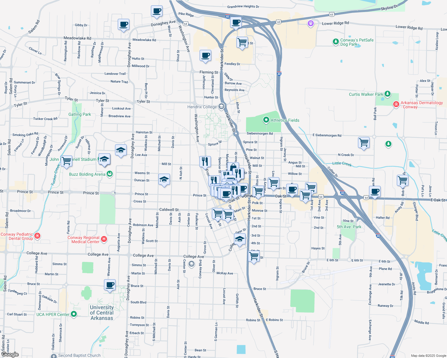 map of restaurants, bars, coffee shops, grocery stores, and more near 1110 Spencer St in Conway