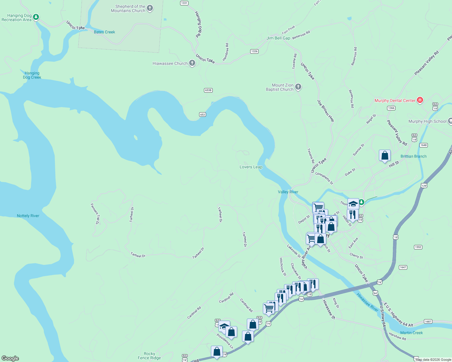 map of restaurants, bars, coffee shops, grocery stores, and more near 15 Ridge Lane in Murphy