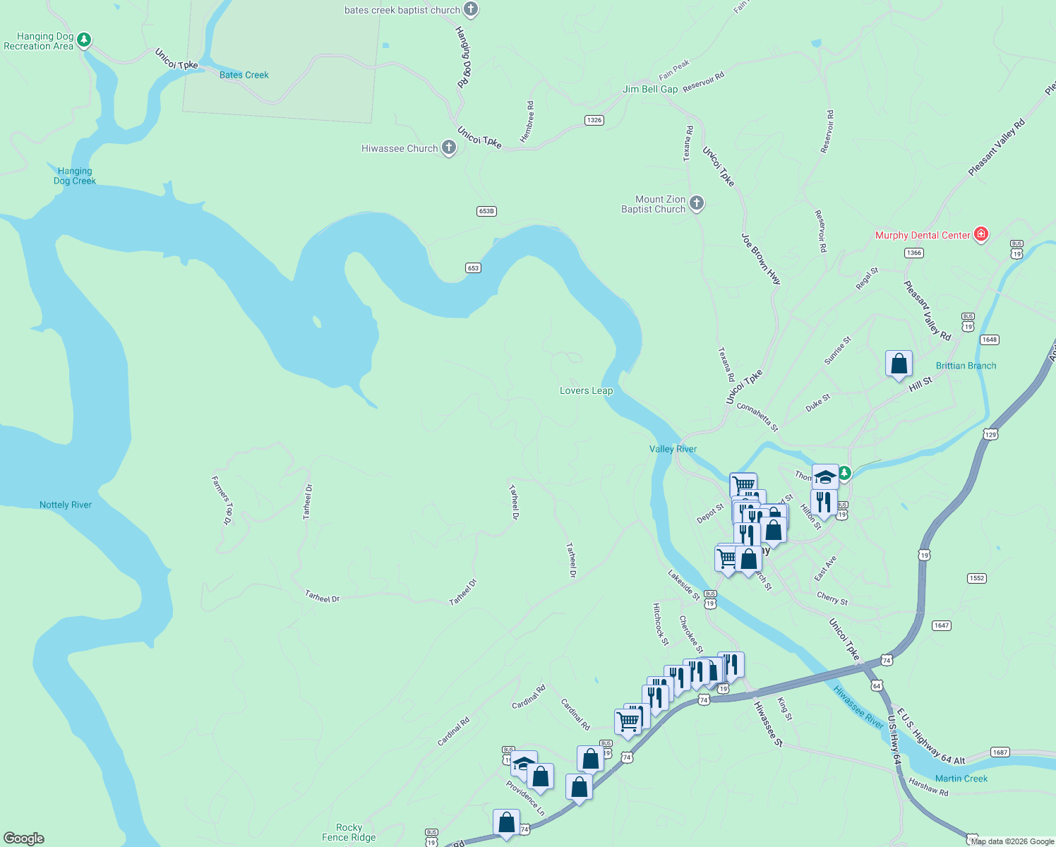 map of restaurants, bars, coffee shops, grocery stores, and more near 15 Ridge Lane in Murphy