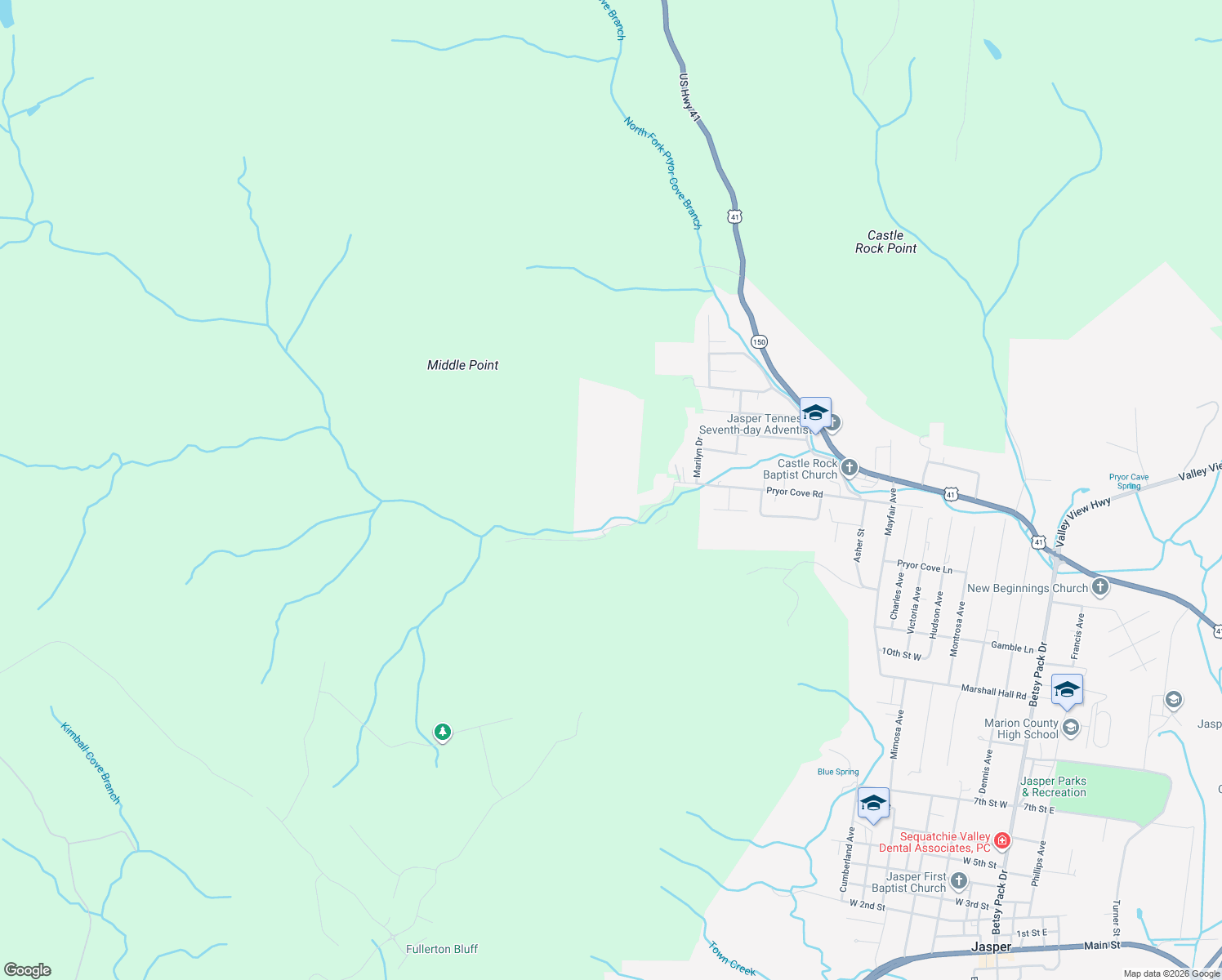 map of restaurants, bars, coffee shops, grocery stores, and more near 1080 Pryor Cove Road in Jasper