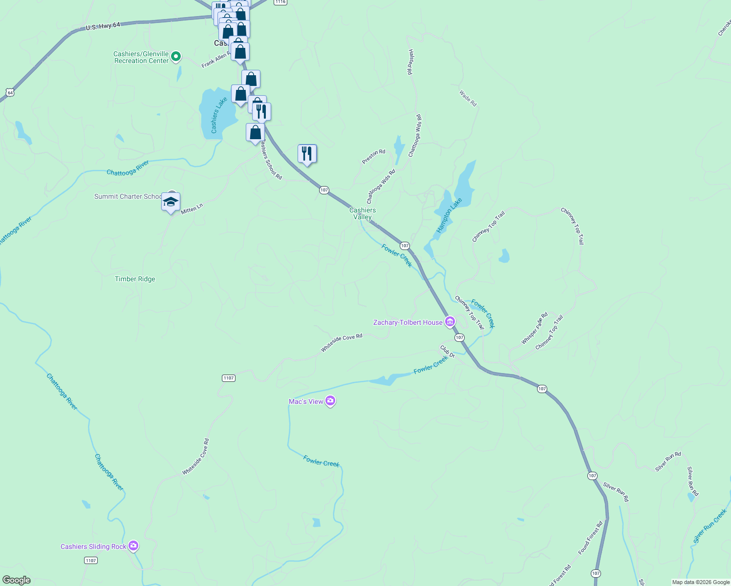 map of restaurants, bars, coffee shops, grocery stores, and more near 583 Heaton Forest Road in Cashiers