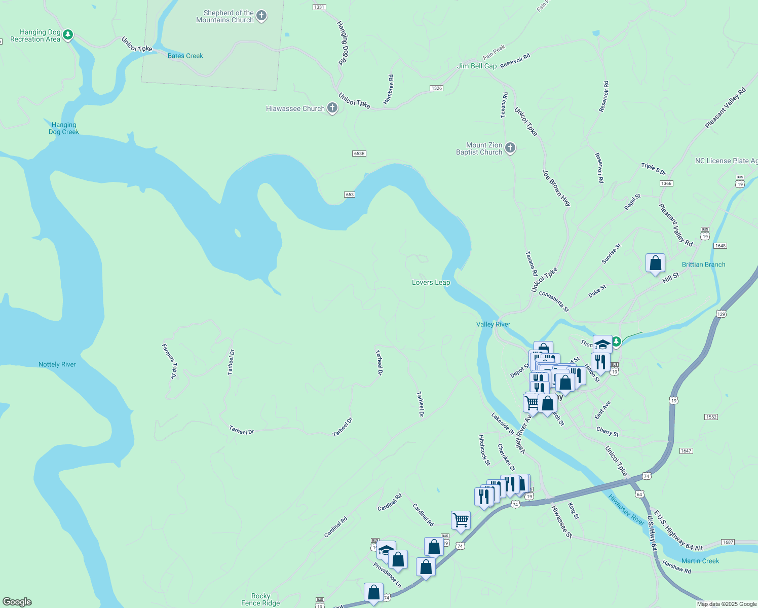 map of restaurants, bars, coffee shops, grocery stores, and more near 50 Lakeshore Drive in Murphy