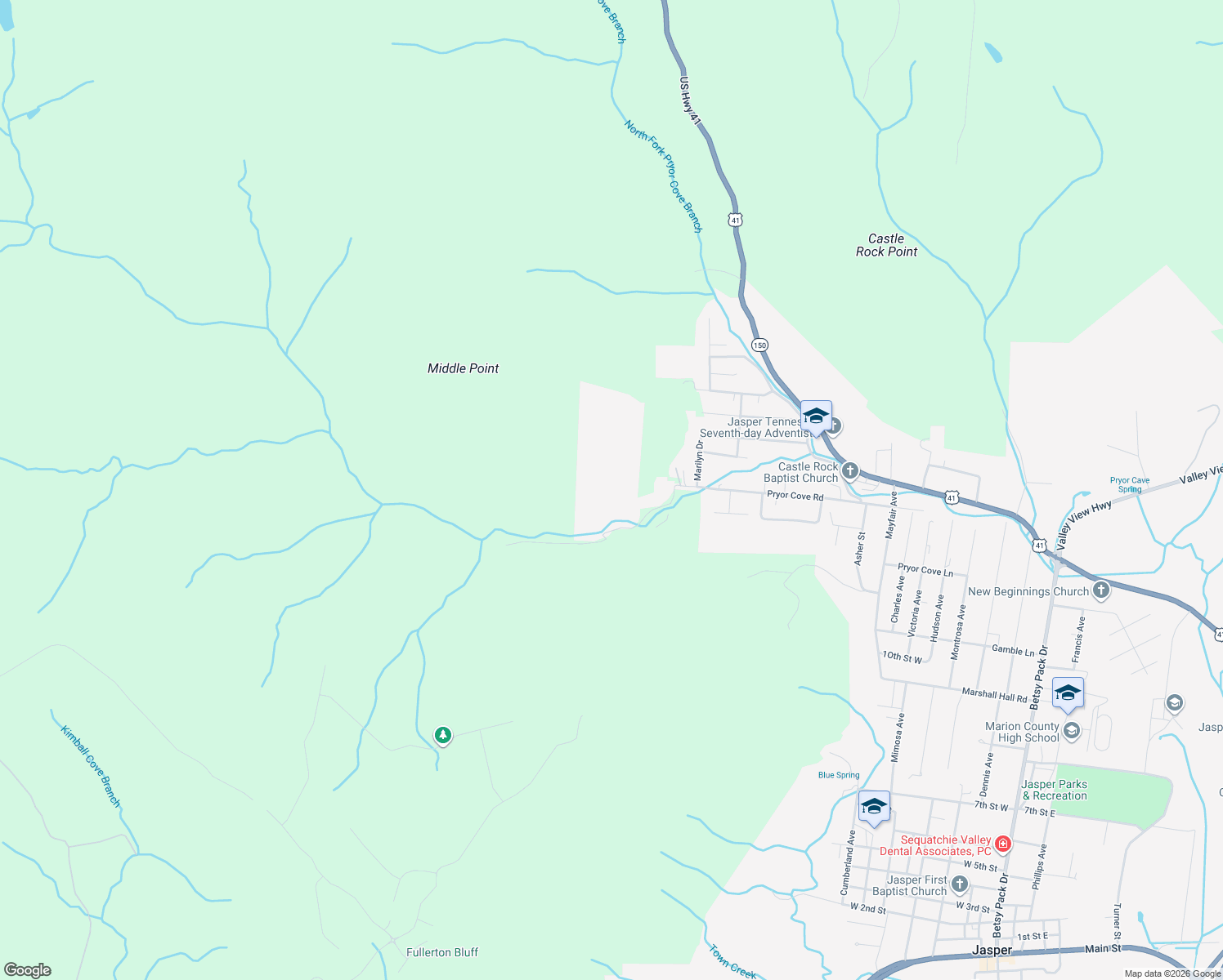 map of restaurants, bars, coffee shops, grocery stores, and more near 1080 Pryor Cove Road in Jasper