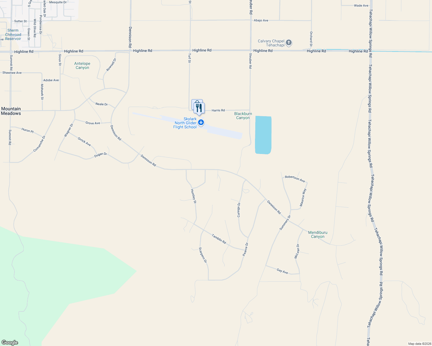 map of restaurants, bars, coffee shops, grocery stores, and more near 18721 Wright Court in Tehachapi