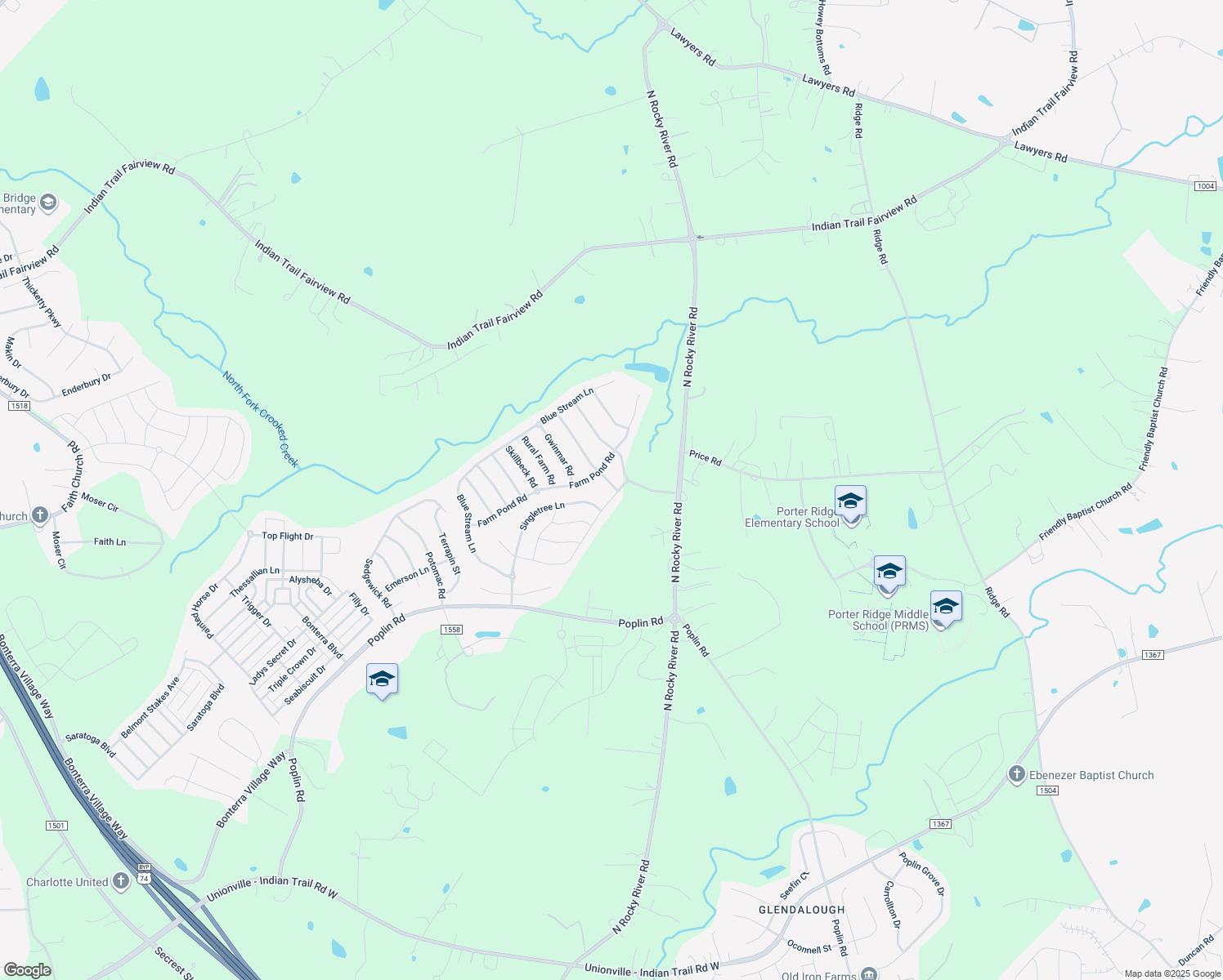 map of restaurants, bars, coffee shops, grocery stores, and more near 1001 Blue Range Road in Indian Trail