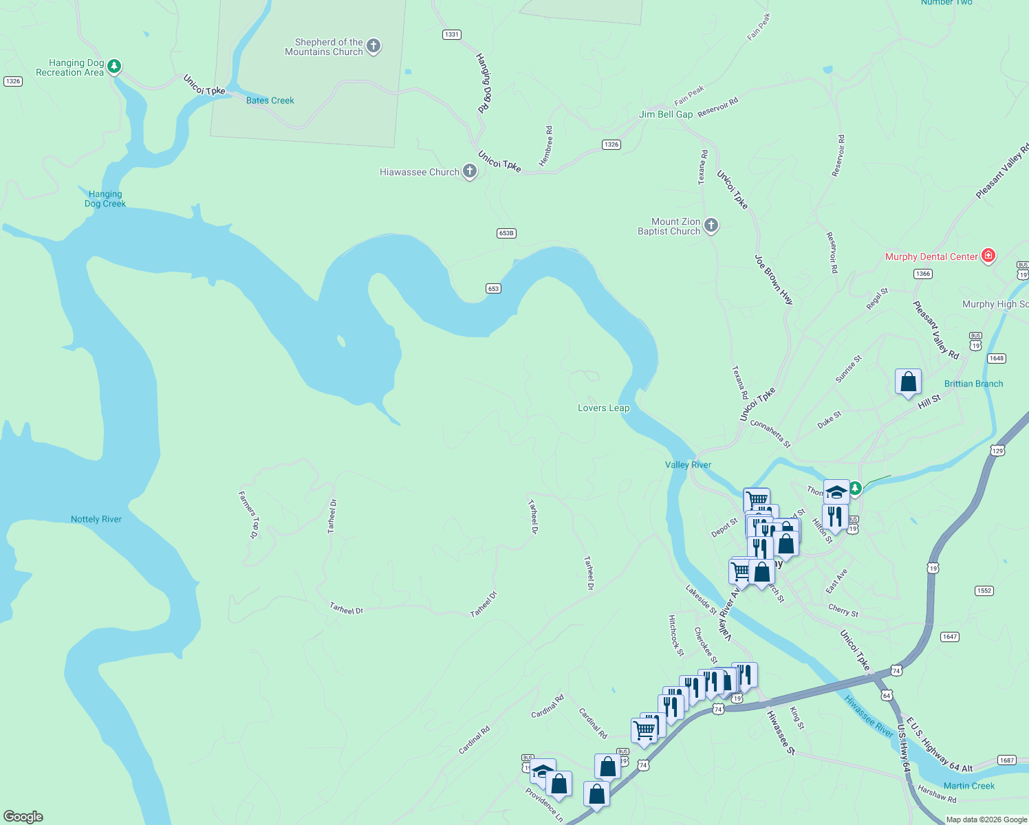 map of restaurants, bars, coffee shops, grocery stores, and more near 25 Crooked Lane in Murphy