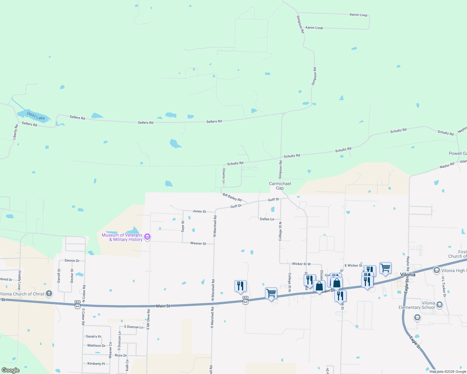 map of restaurants, bars, coffee shops, grocery stores, and more near 32 Bill Bailey Road in Vilonia