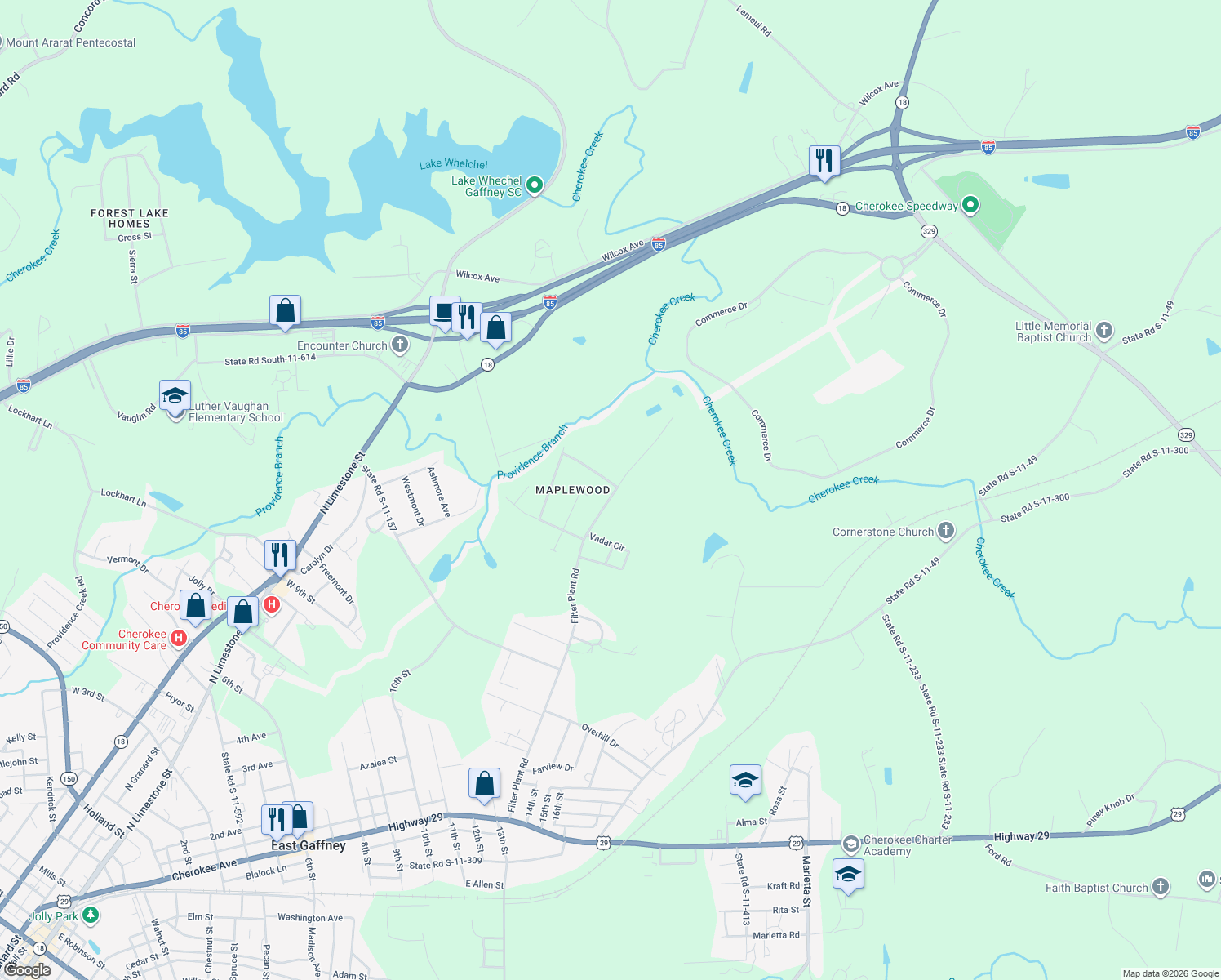 map of restaurants, bars, coffee shops, grocery stores, and more near 103 Maplewood Drive in Gaffney