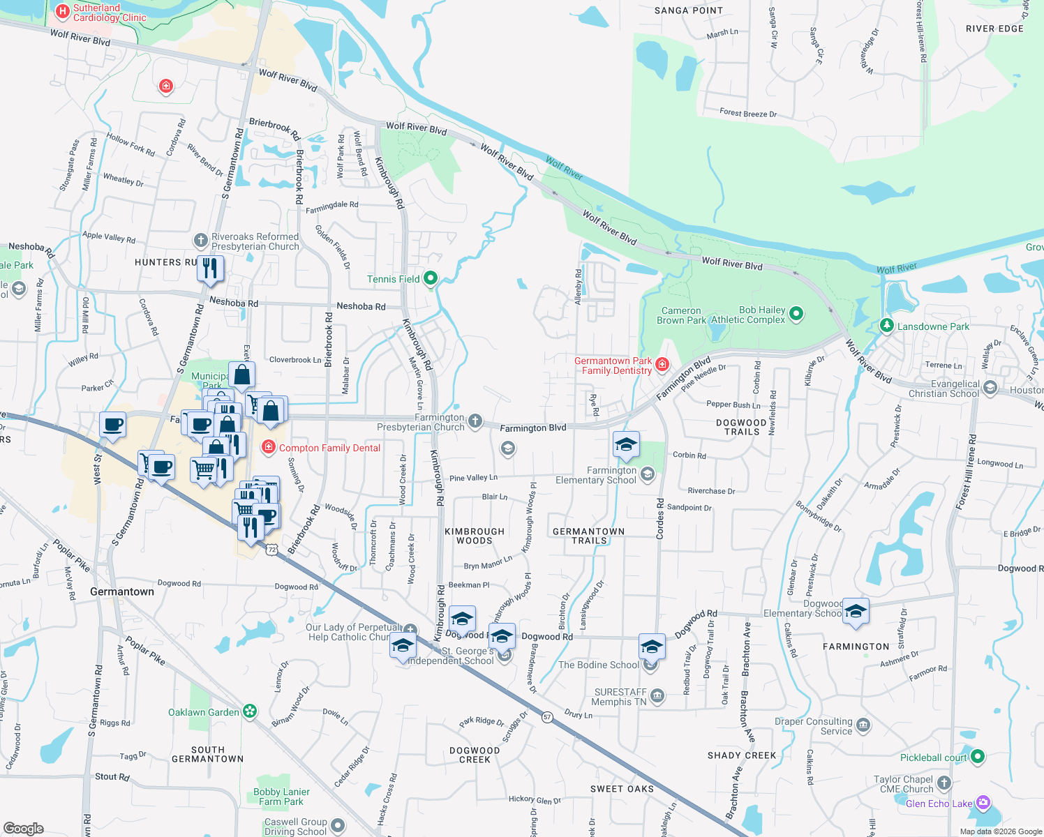 map of restaurants, bars, coffee shops, grocery stores, and more near 8320 Farmington Boulevard in Germantown