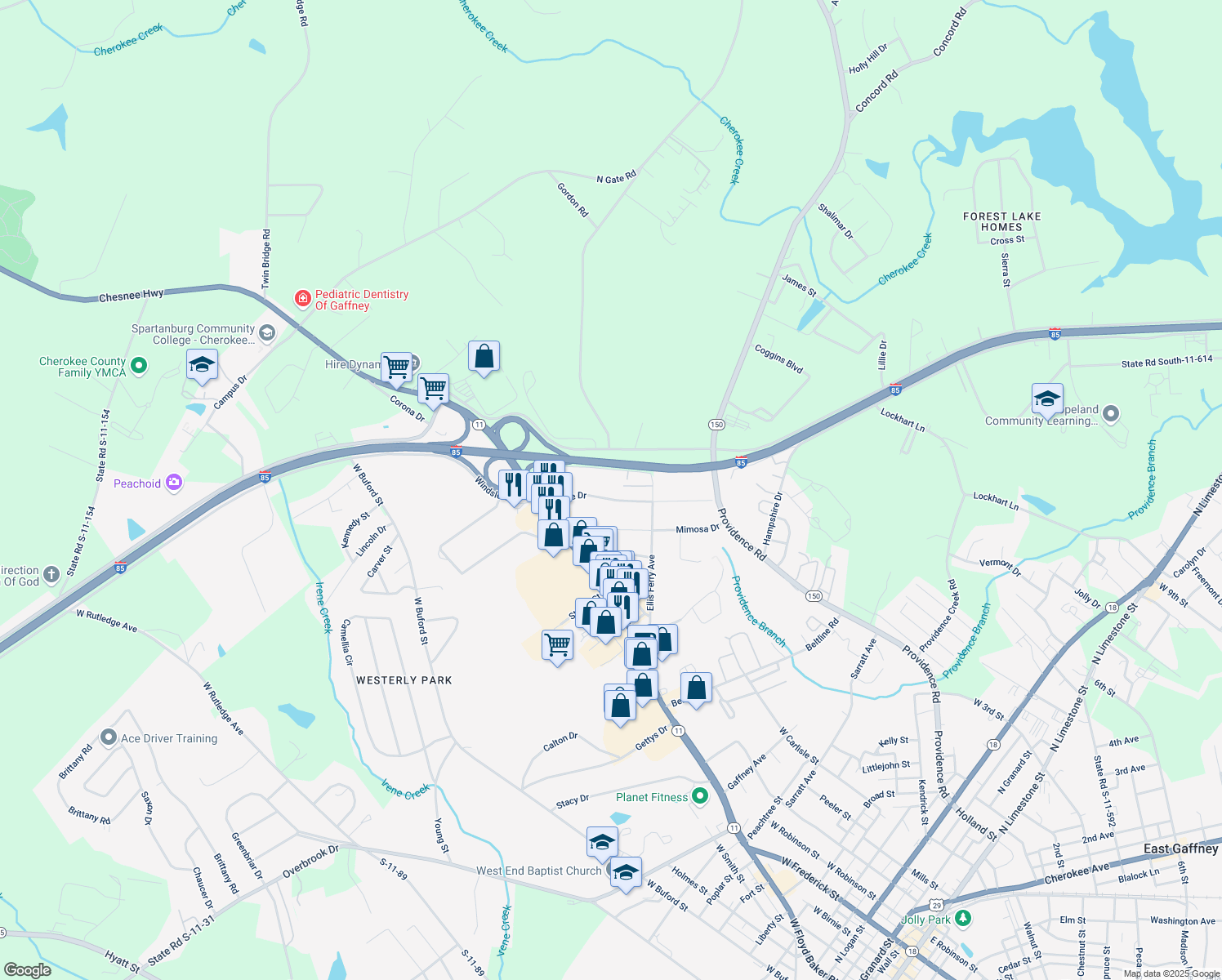 map of restaurants, bars, coffee shops, grocery stores, and more near 212 Maple Drive in Gaffney