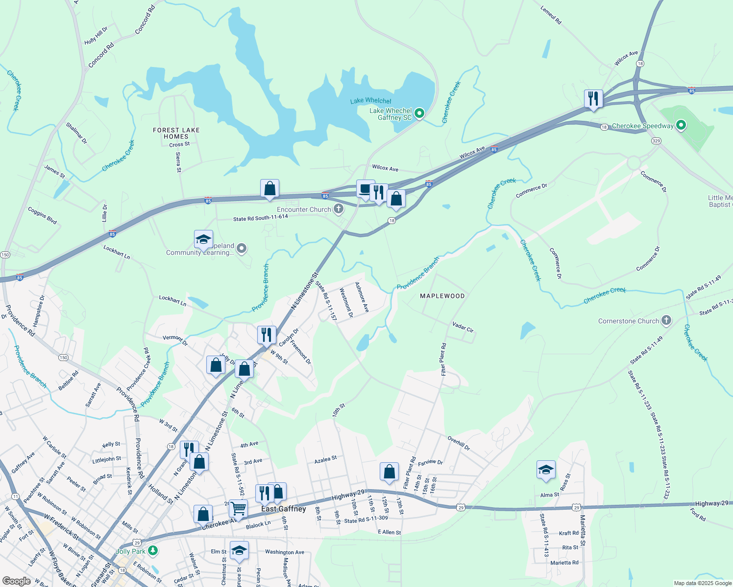 map of restaurants, bars, coffee shops, grocery stores, and more near 122 Ashmore Avenue in Gaffney