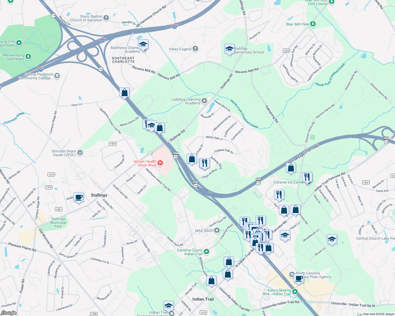 map of restaurants, bars, coffee shops, grocery stores, and more near 126 Forest Park Road in Matthews