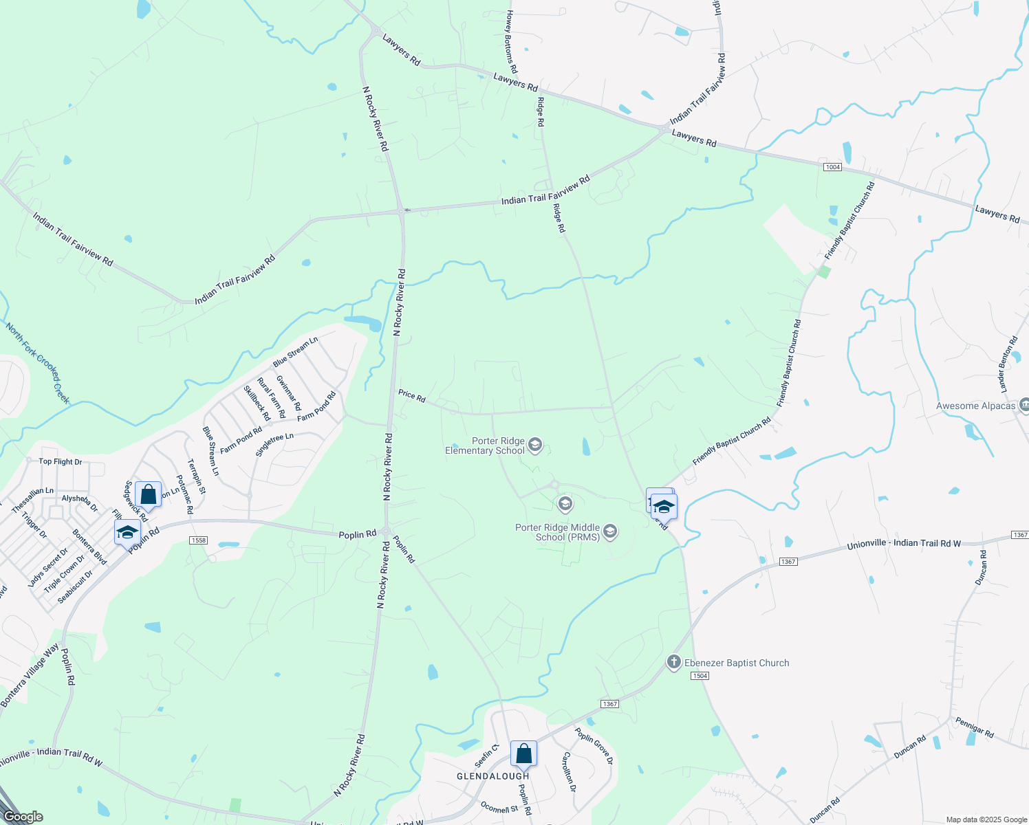 map of restaurants, bars, coffee shops, grocery stores, and more near 1904 Price Road in Indian Trail