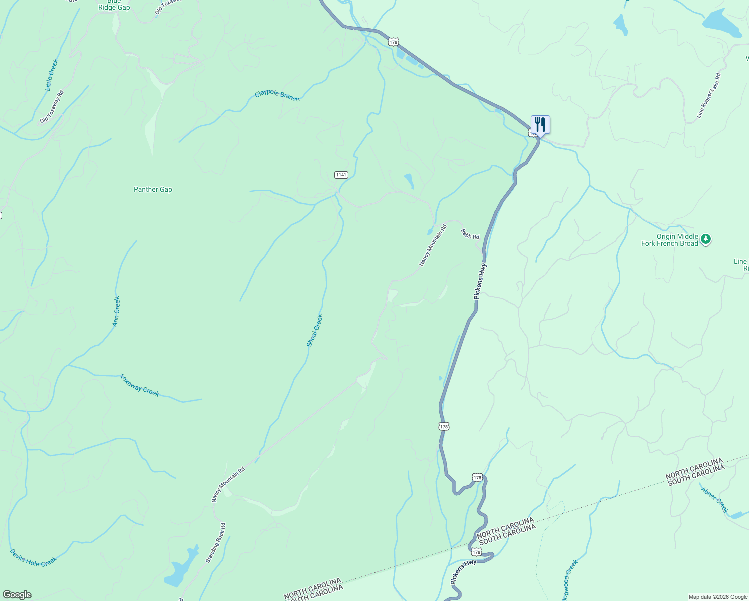 map of restaurants, bars, coffee shops, grocery stores, and more near Nancy Mt Rd in Rosman
