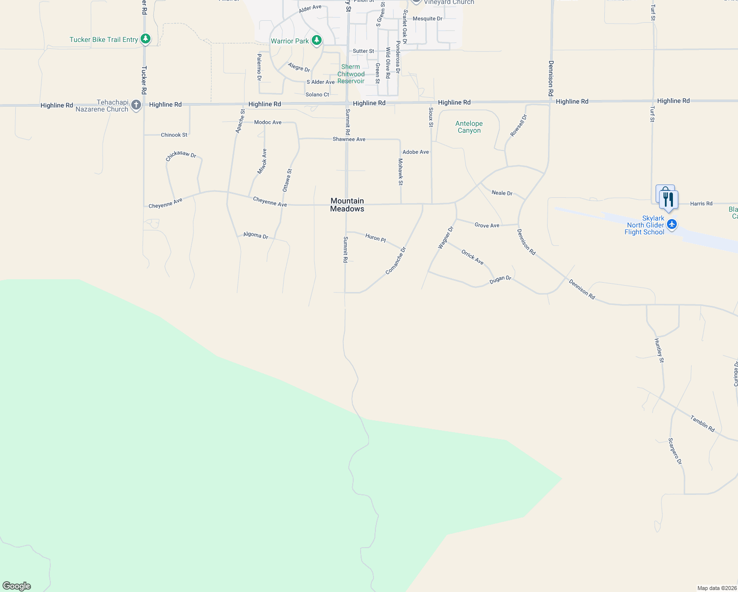 map of restaurants, bars, coffee shops, grocery stores, and more near 19040 Comanche Drive in Tehachapi