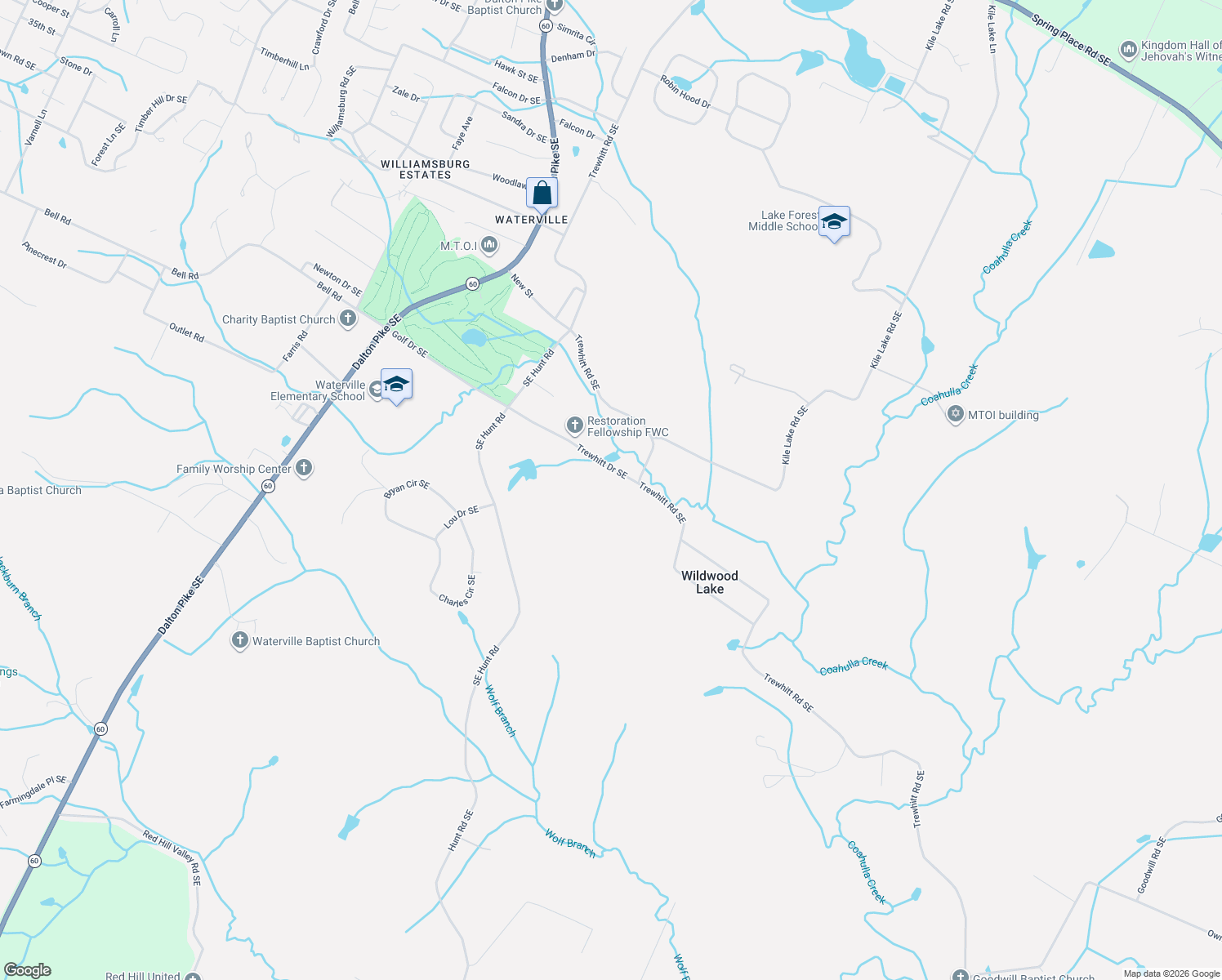 map of restaurants, bars, coffee shops, grocery stores, and more near 290 Trewhitt Dr SE in Cleveland