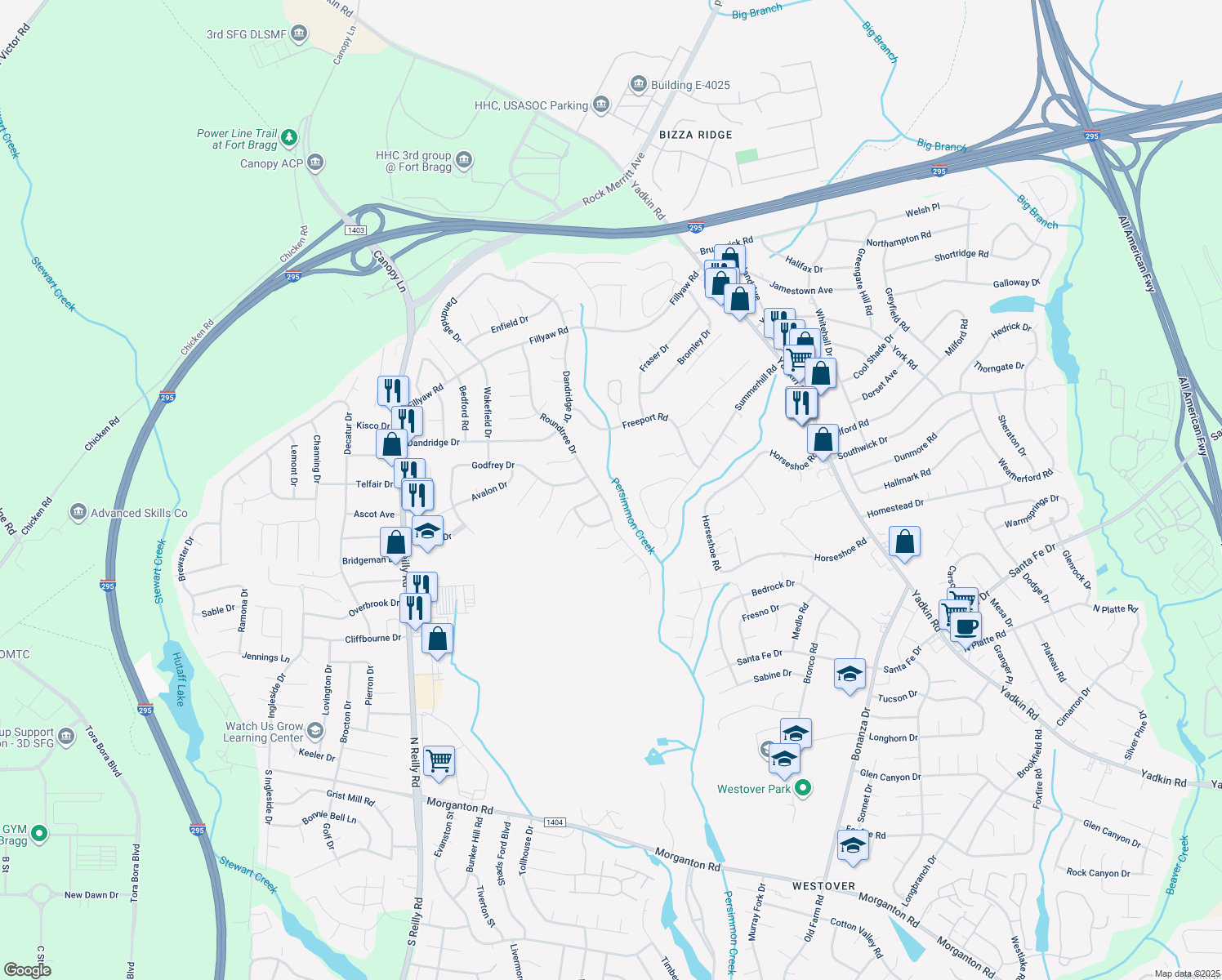 map of restaurants, bars, coffee shops, grocery stores, and more near 434 Roundtree Drive in Fayetteville