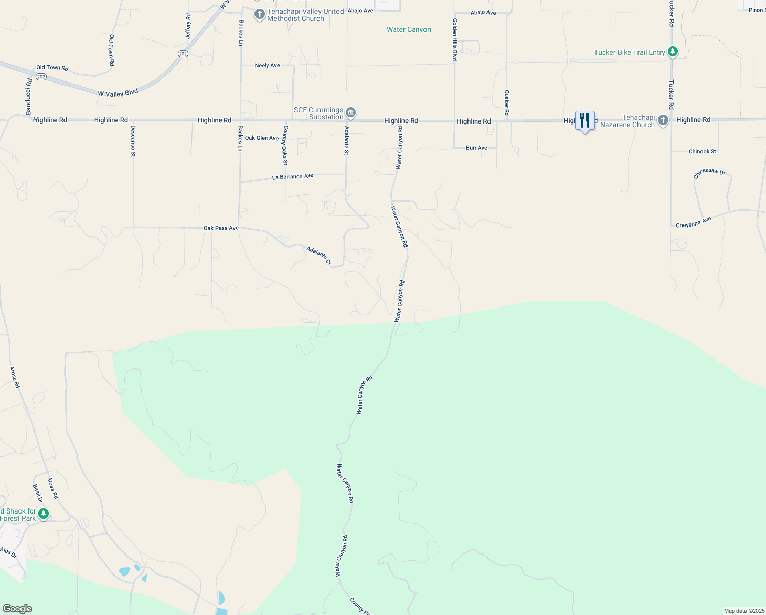 map of restaurants, bars, coffee shops, grocery stores, and more near 20350 Rice Drive in Tehachapi