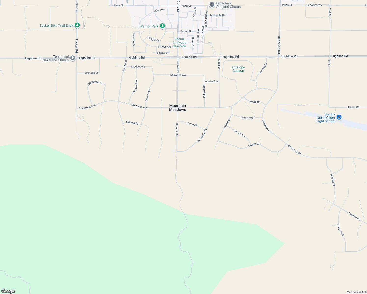 map of restaurants, bars, coffee shops, grocery stores, and more near 19040 Comanche Drive in Tehachapi