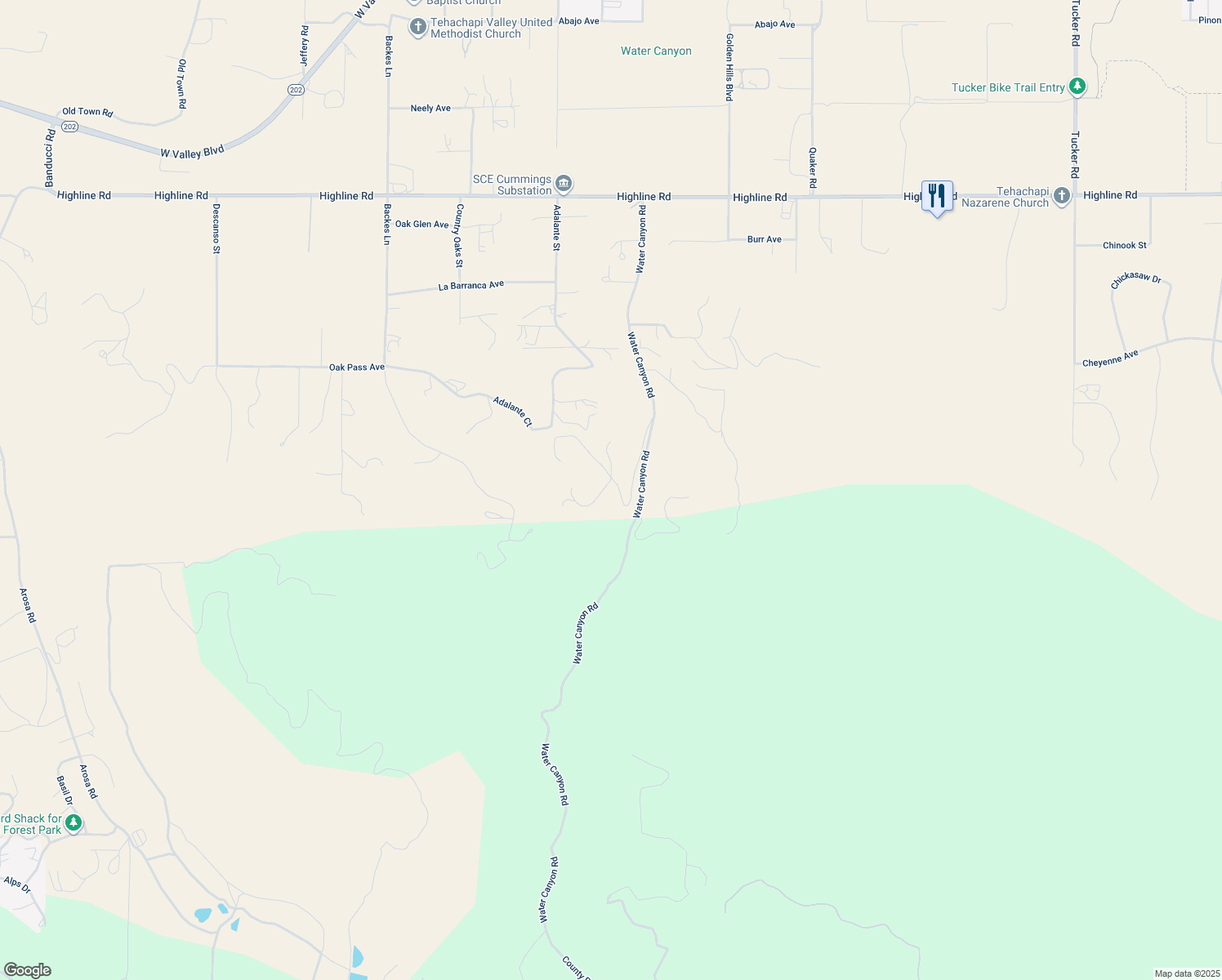map of restaurants, bars, coffee shops, grocery stores, and more near 20350 Rice Drive in Tehachapi