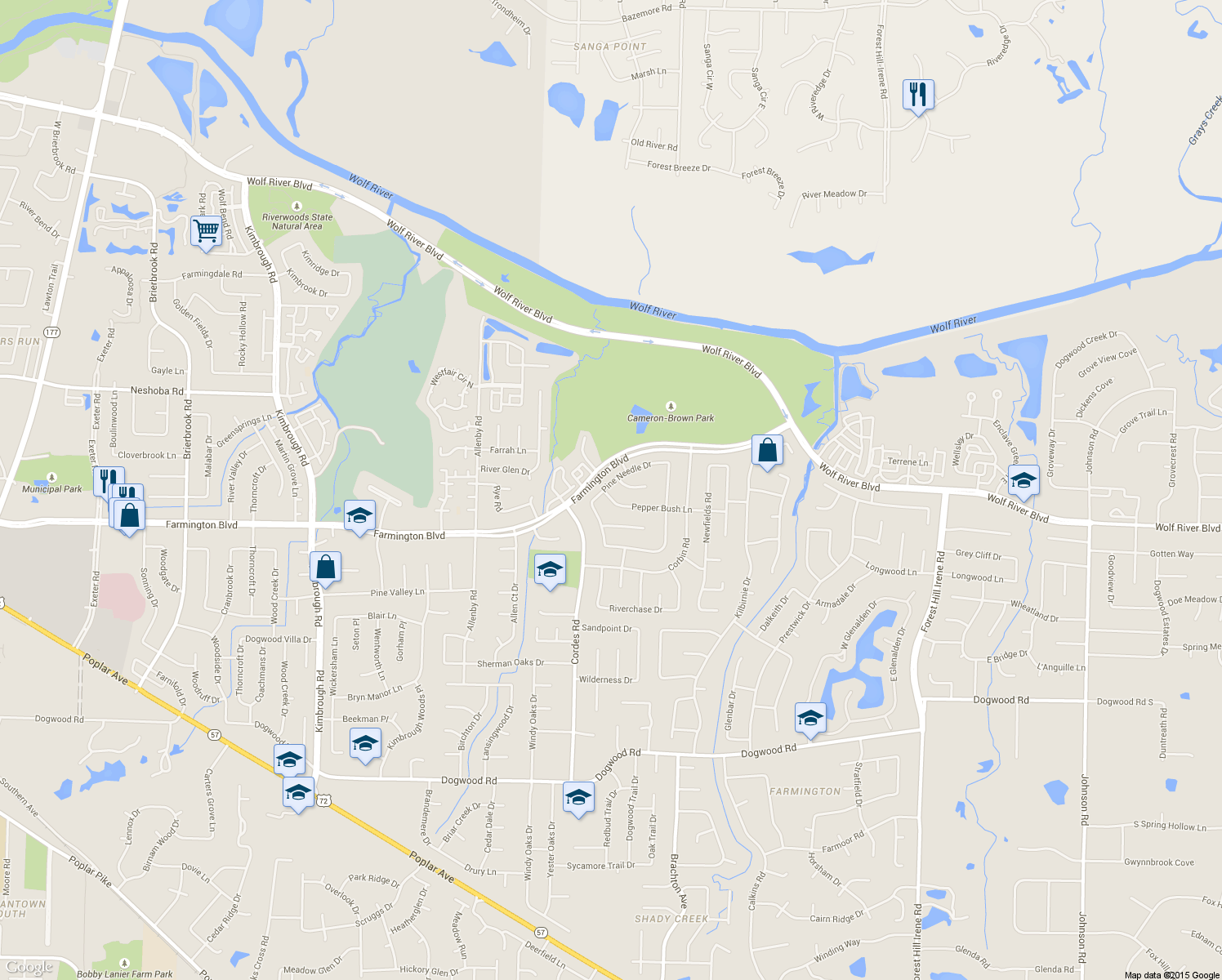 map of restaurants, bars, coffee shops, grocery stores, and more near 8612 Pepper Bush Ln in Memphis