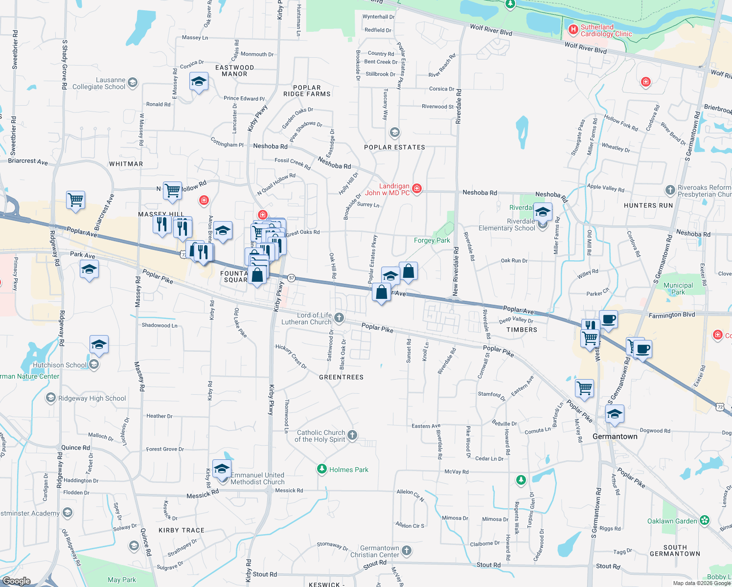 map of restaurants, bars, coffee shops, grocery stores, and more near 6834 Old Bridge Lane in Germantown