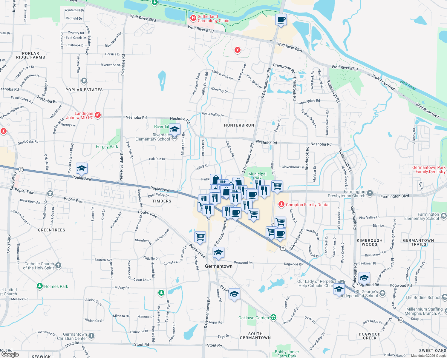 map of restaurants, bars, coffee shops, grocery stores, and more near 7604 Ashworth Rd in Germantown