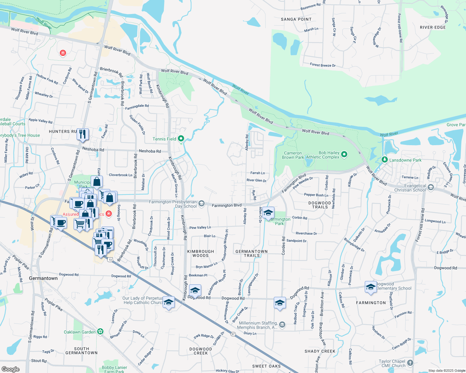 map of restaurants, bars, coffee shops, grocery stores, and more near 1895 Wicklow Way in Germantown