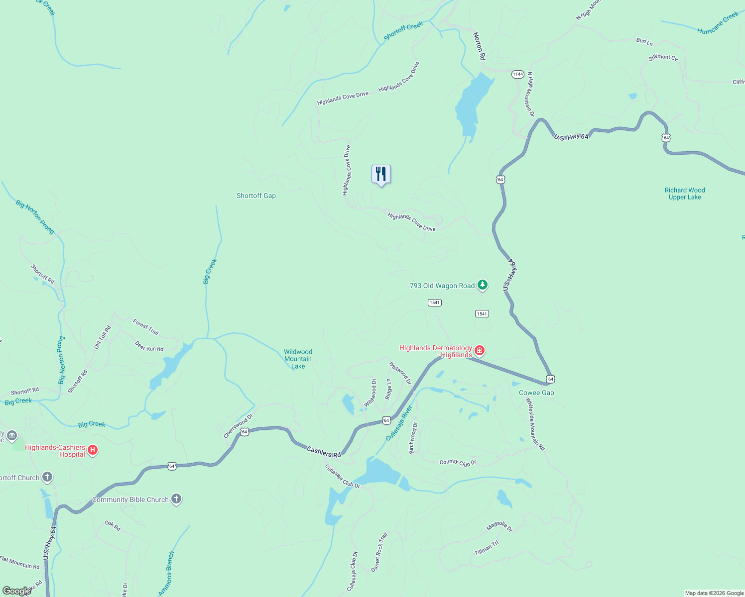 map of restaurants, bars, coffee shops, grocery stores, and more near 50 Windy Top Road in Highlands
