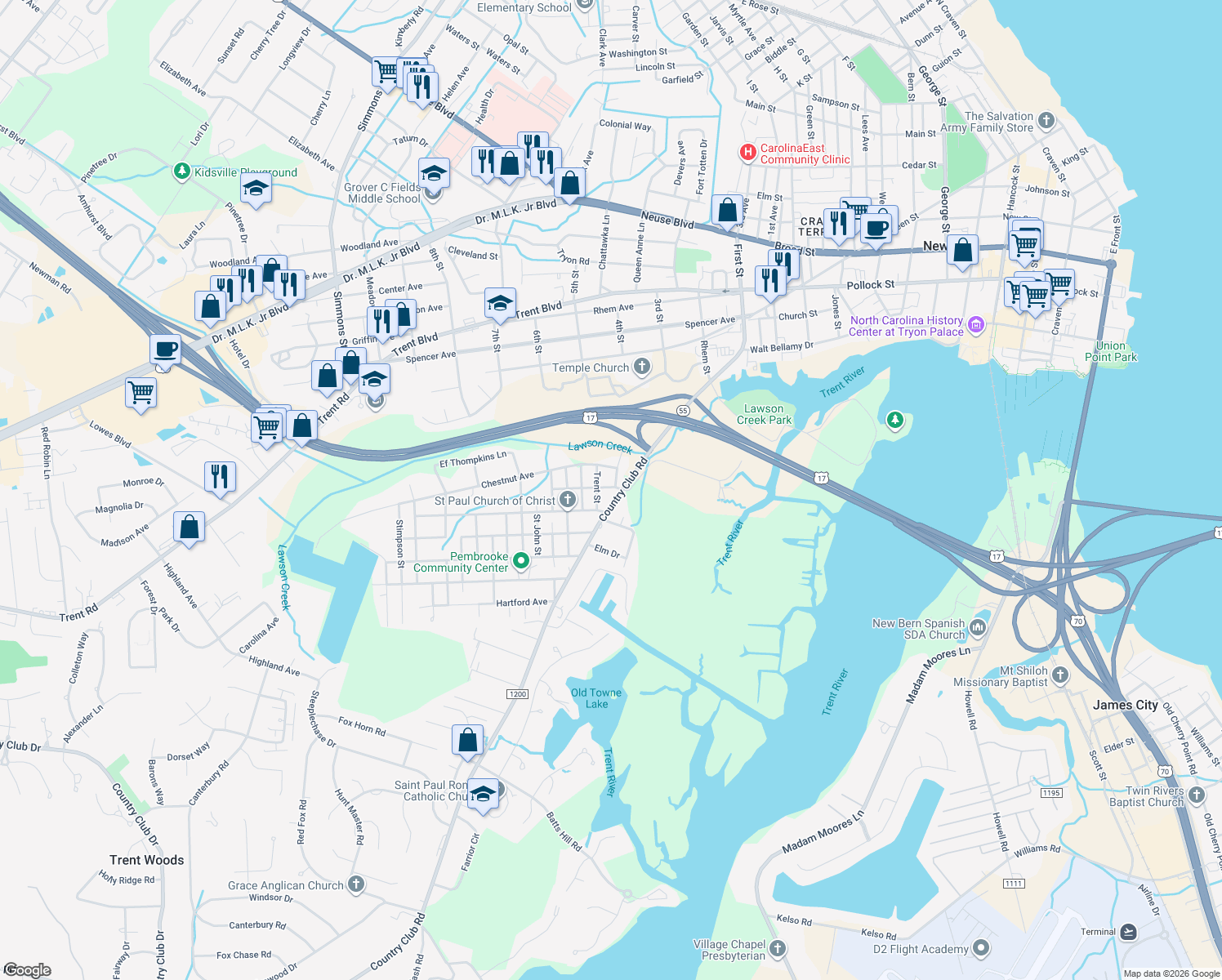 map of restaurants, bars, coffee shops, grocery stores, and more near 1802 Country Club Rd in New Bern
