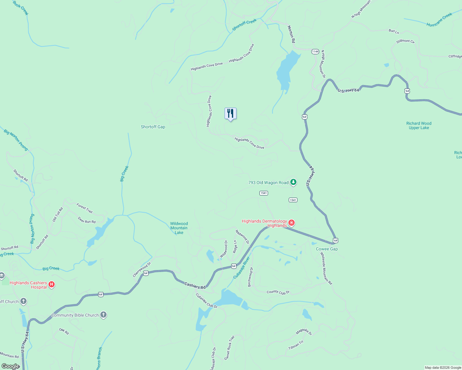 map of restaurants, bars, coffee shops, grocery stores, and more near 50 Windy Top Road in Highlands