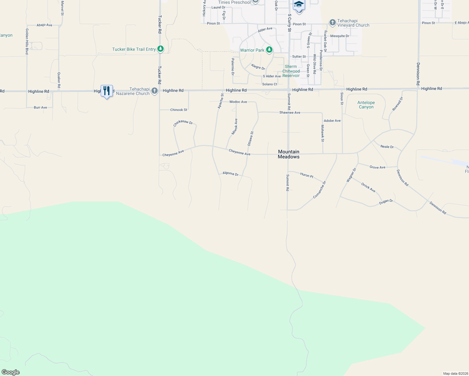 map of restaurants, bars, coffee shops, grocery stores, and more near 19281 Ottawa Street in Tehachapi