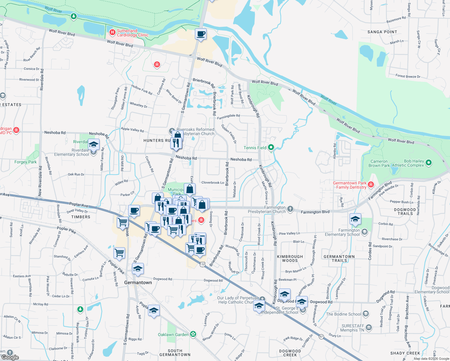 map of restaurants, bars, coffee shops, grocery stores, and more near 1847 Brierbrook Road in Germantown