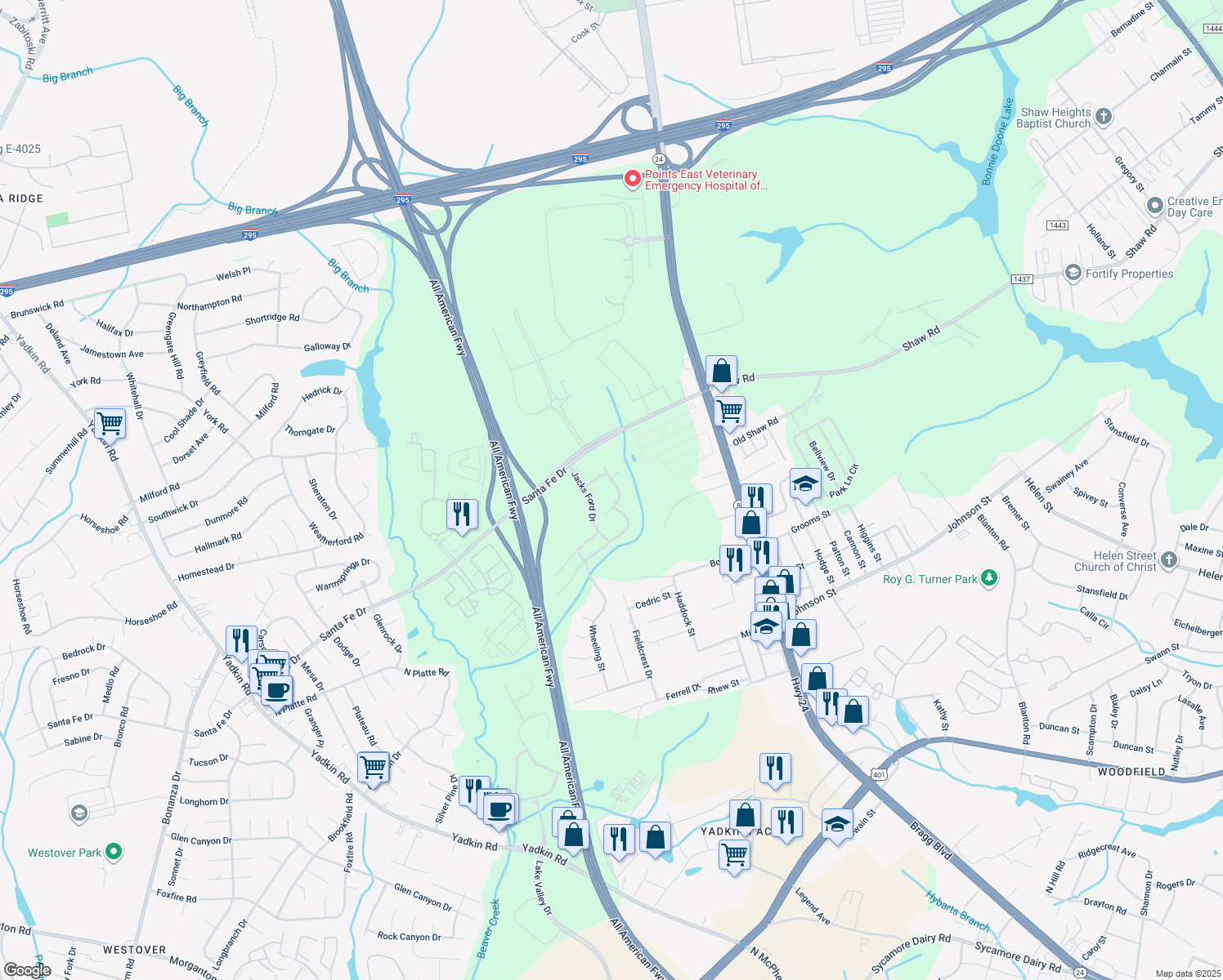 map of restaurants, bars, coffee shops, grocery stores, and more near 1991 Christopher Way in Fayetteville