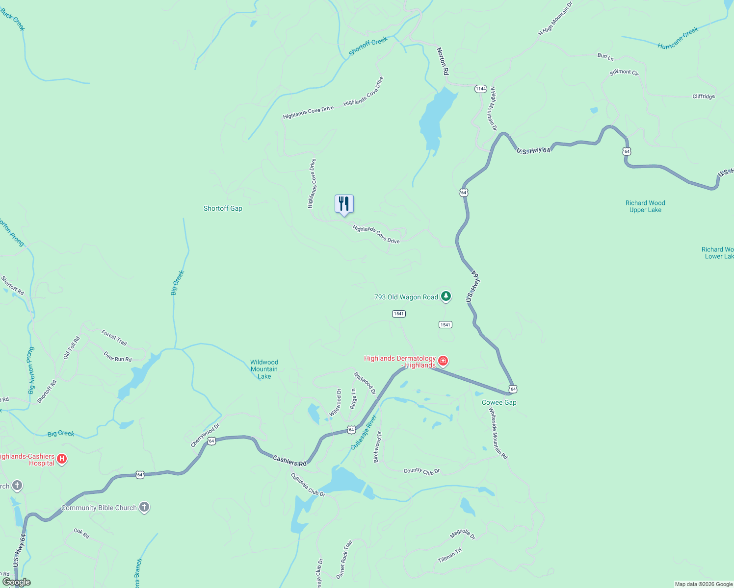 map of restaurants, bars, coffee shops, grocery stores, and more near 271 Double Branch Road in Highlands