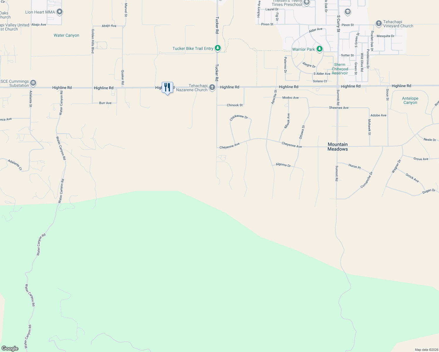 map of restaurants, bars, coffee shops, grocery stores, and more near 19322 Tucker Road in Tehachapi