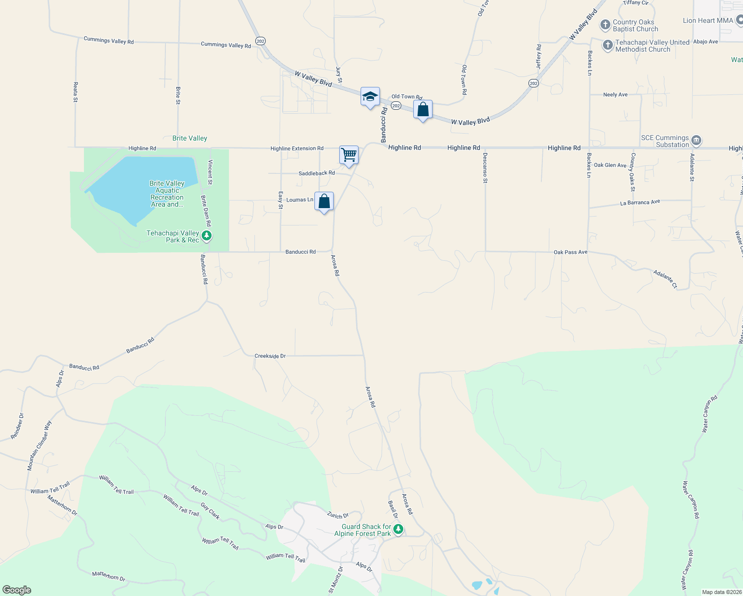 map of restaurants, bars, coffee shops, grocery stores, and more near 19193 Arosa Road in Tehachapi