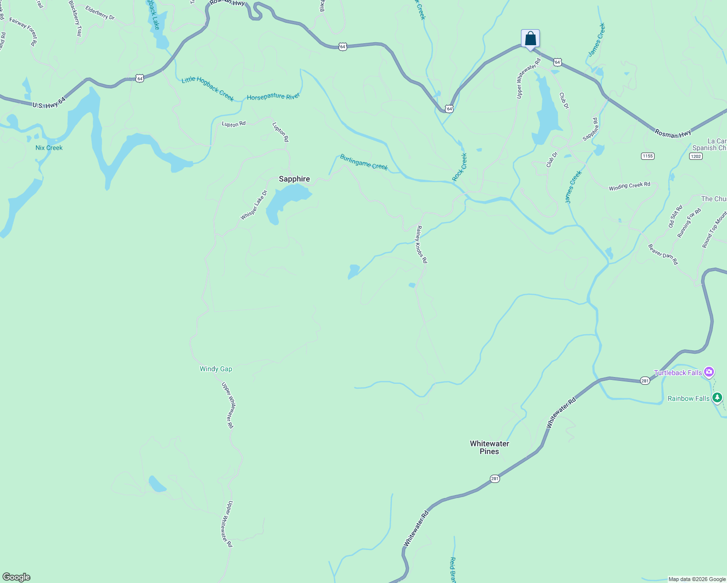 map of restaurants, bars, coffee shops, grocery stores, and more near 185 Little Cottage Way in Sapphire