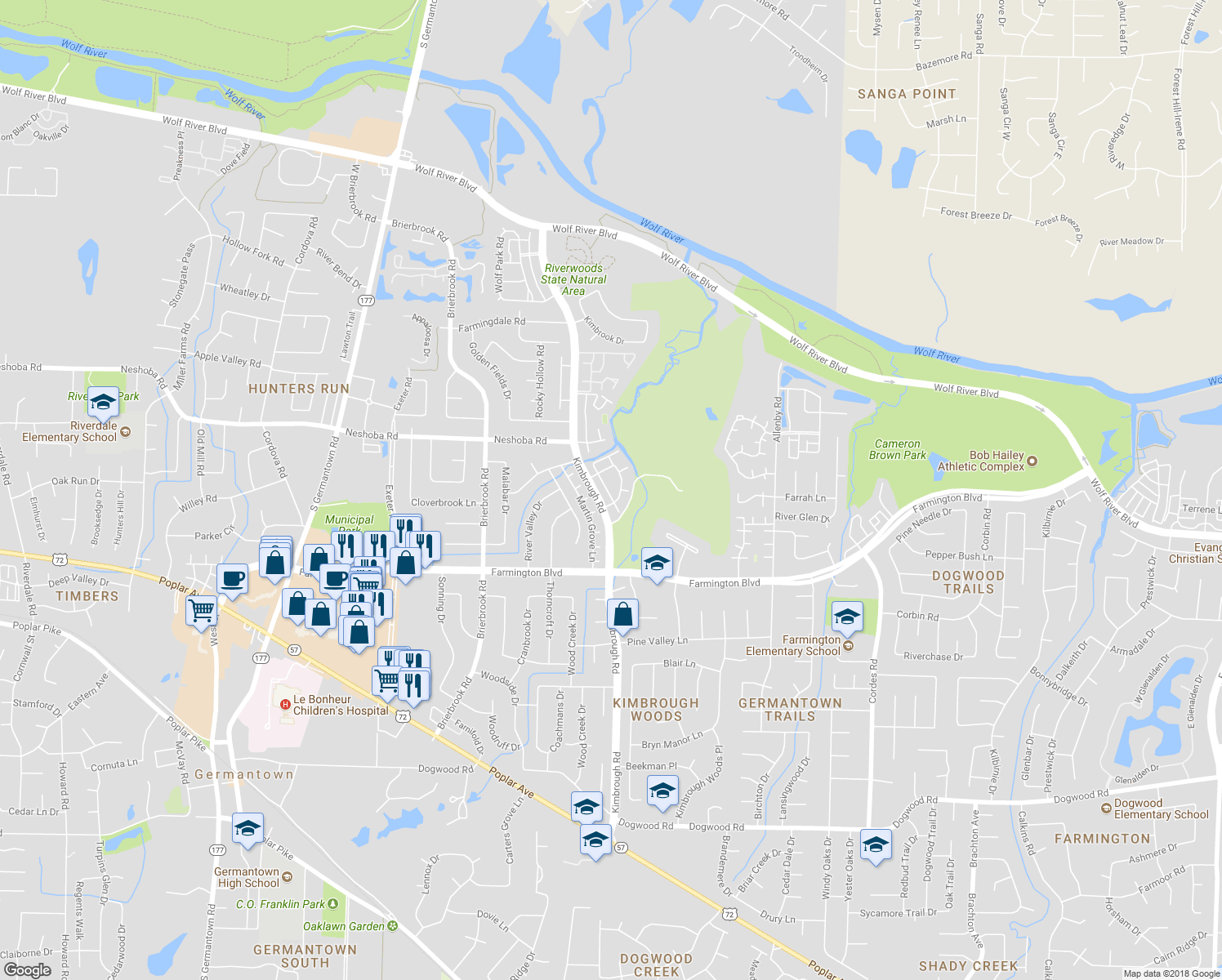 map of restaurants, bars, coffee shops, grocery stores, and more near 1836 Hunters Creek Drive in Germantown