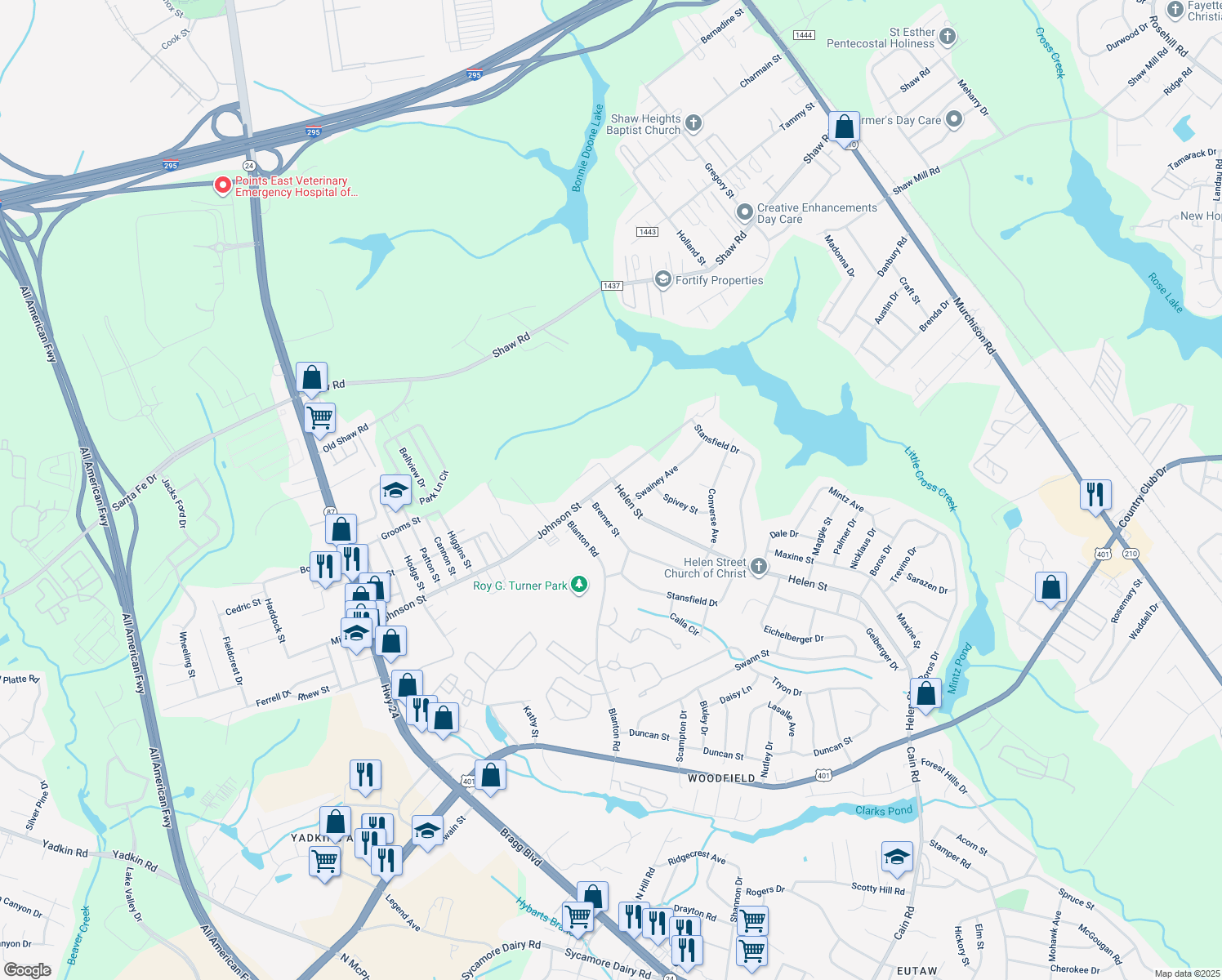 map of restaurants, bars, coffee shops, grocery stores, and more near 100 Helen Street in Fayetteville