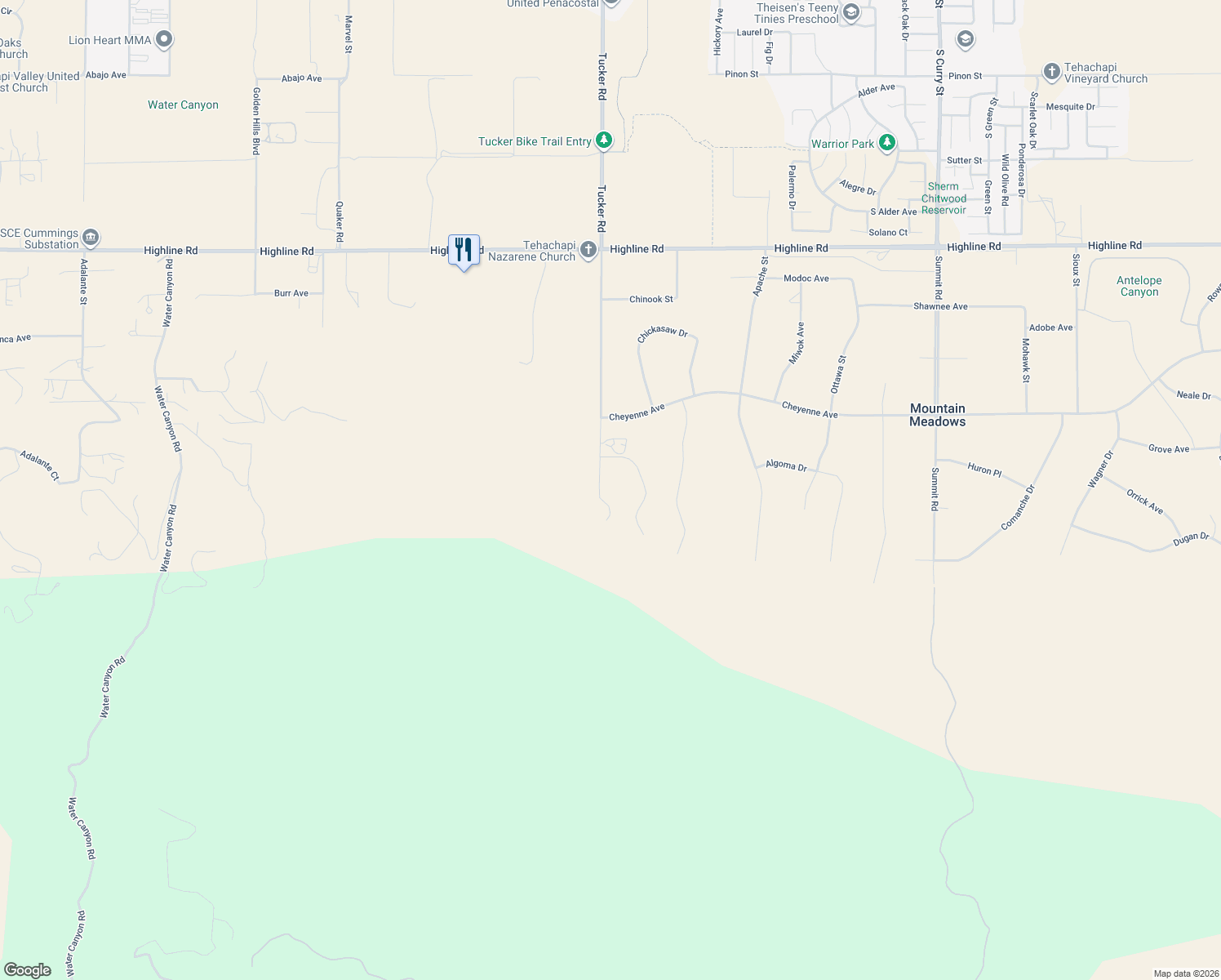 map of restaurants, bars, coffee shops, grocery stores, and more near 19322 Tucker Road in Tehachapi