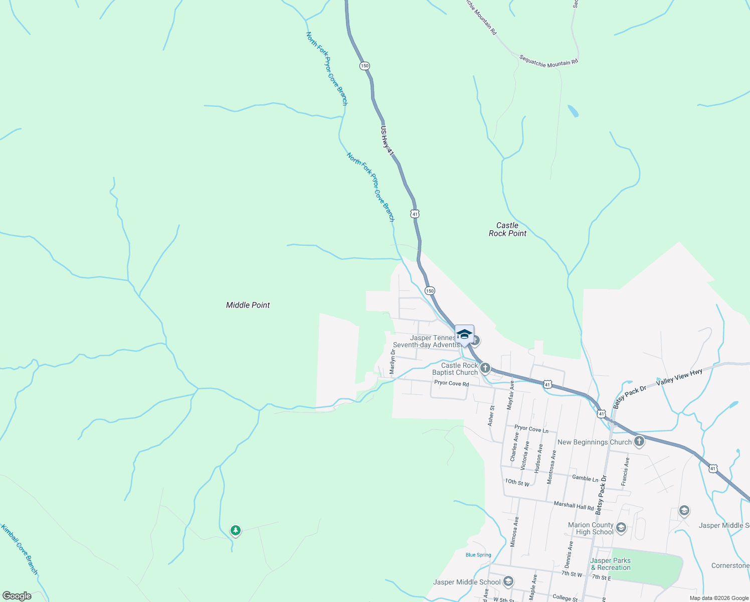 map of restaurants, bars, coffee shops, grocery stores, and more near 1070 North Pryor Cove Road in Jasper