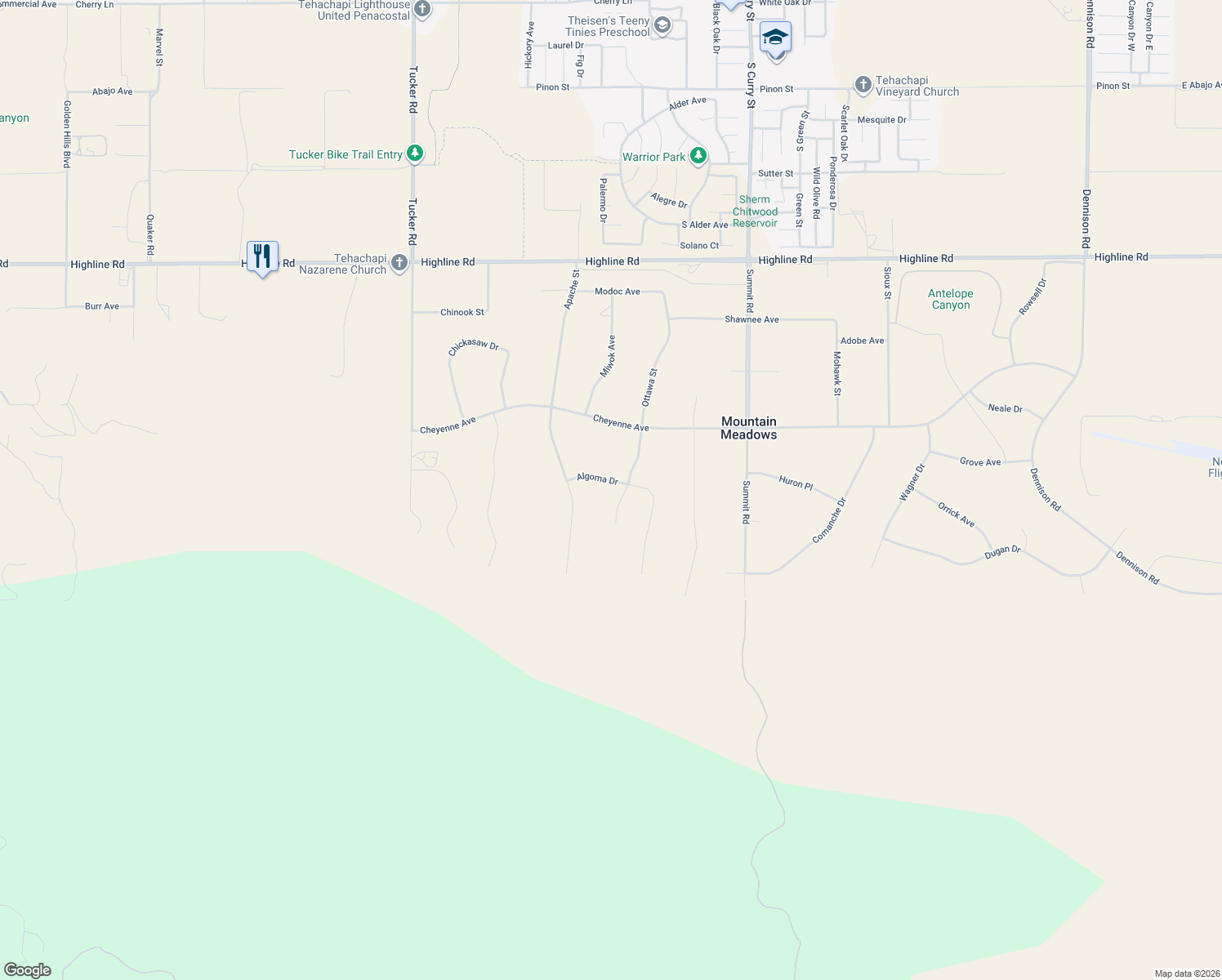 map of restaurants, bars, coffee shops, grocery stores, and more near 19281 Ottawa Street in Tehachapi